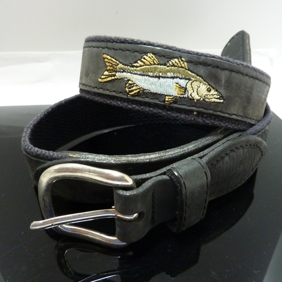 Zeppelin Belt Mens 32 BLUE Leather Canvas Brass Buckle Trout Fish Made USA - Picture 1 of 4